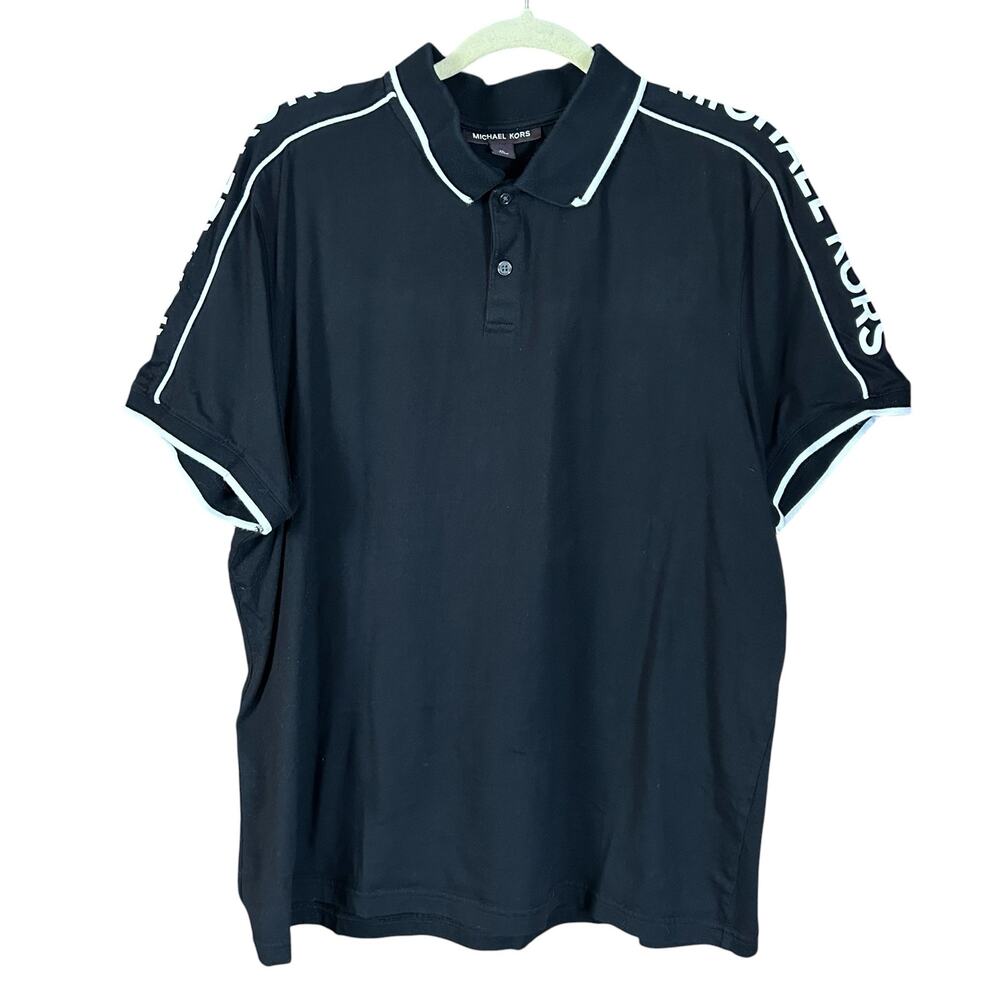 Michael Kors Mens Polo Shirt XL Black White Shoulder Logo Preppy Short Sleeves